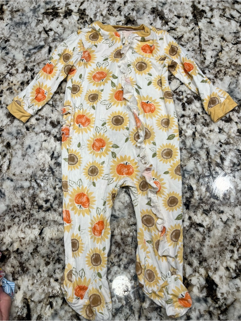 Sunflower & Pumpkin Ruffle Baby Footed Pajamas - White, Yellow & Orange